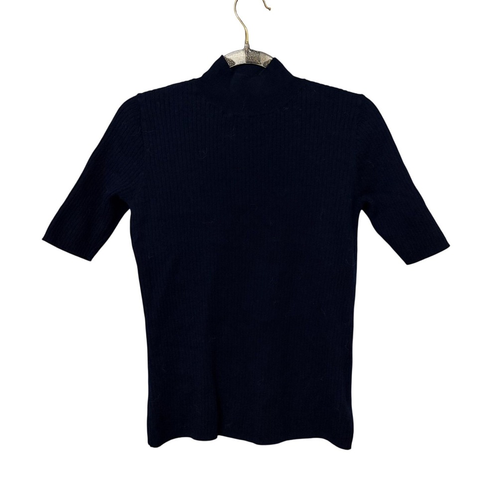 100% Wool Ribbed Mockneck Top M Navy Capsule Quiet Luxury Minimalist